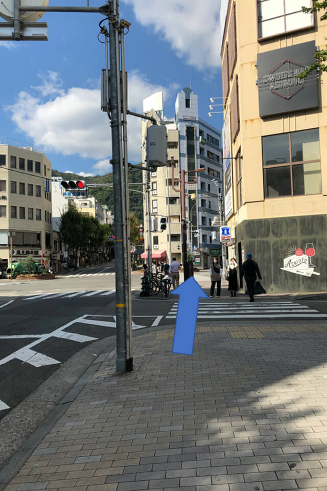 ⑥山手幹線の手前の横断歩道を渡ります